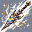 16-bit pixel art Minecraft-style thunderbolt spear, shimmering gold and silver with lightning crackl