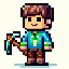 "16-bit pixel art Minecraft player character, wearing a bright blue and green pixelated shirt with b