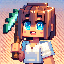 "16-bit pixel art Minecraft player character, wearing a bright blue and green pixelated shirt with b