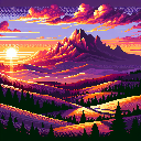 "16-bit pixel art Minecraft sunrise over mountains, vibrant orange and pink sky blending into soft b