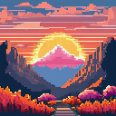 "16-bit pixel art Minecraft sunrise over mountains, vibrant orange and pink sky blending into soft b