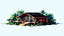 16-bit pixel art Minecraft-style wooden cabin, modern architecture In the jungel