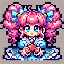 "16-bit pixel art of a cute Minecraft girl character, with bright pink hair styled in pigtails, wear