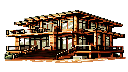 "16-bit pixel art Minecraft-style modern wooden house, featuring a sleek design with large rectangul