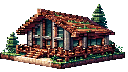 "16-bit pixel art Minecraft-style wooden cabin, modern architecture with large glass windows and sla