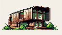 16-bit pixel art Minecraft-style wooden cabin, modern architecture