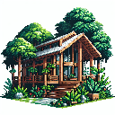 16-bit pixel art Minecraft-style wooden cabin, modern architecture In the jungel